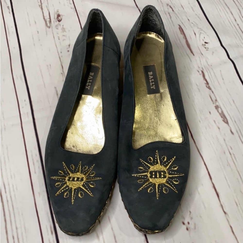 Bally Starry Suede Wedge Heel Black Gold Embroider